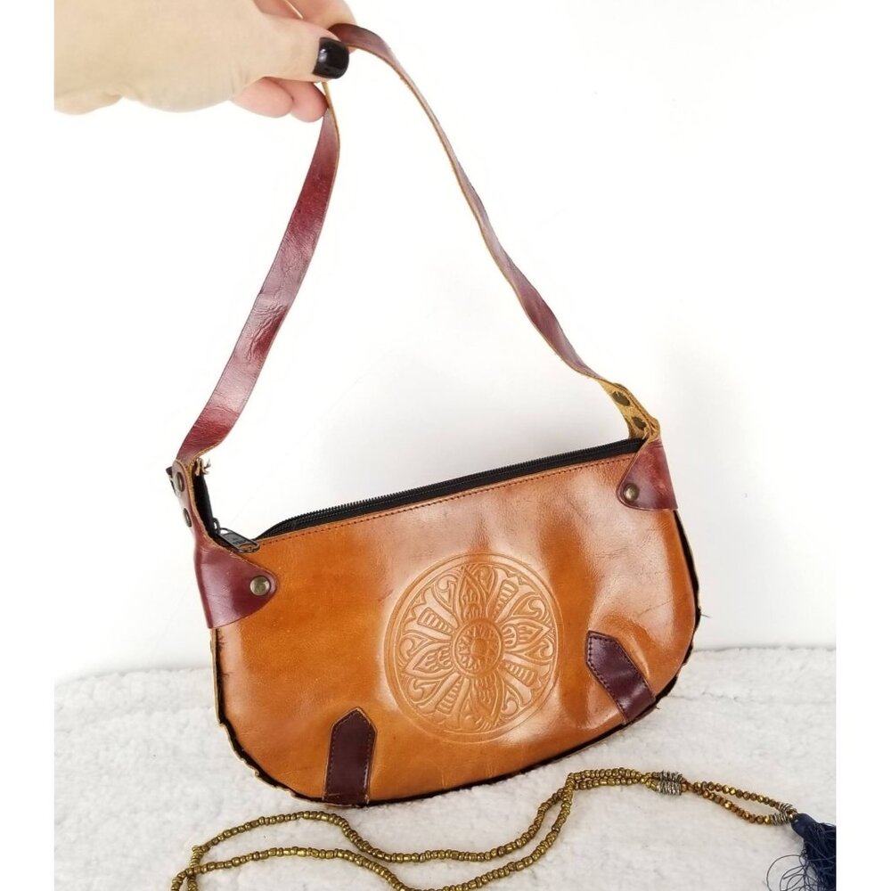 Vintage Boho Leather Brown Clutch Bag With Embossed Mandala‎ Design《309》P